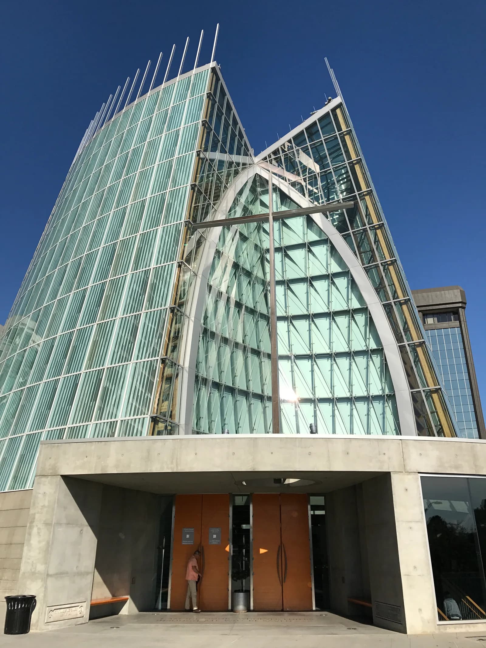 Curved glass and steel facade of the Cathedral of Christ the Light in Oakland