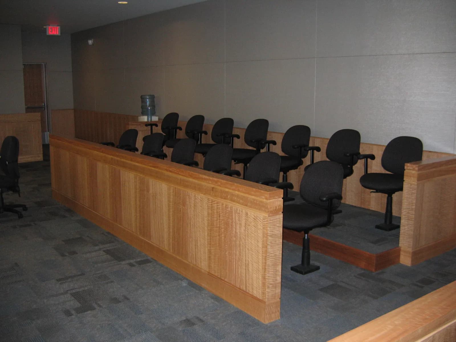 Empty jury box in a courtroom