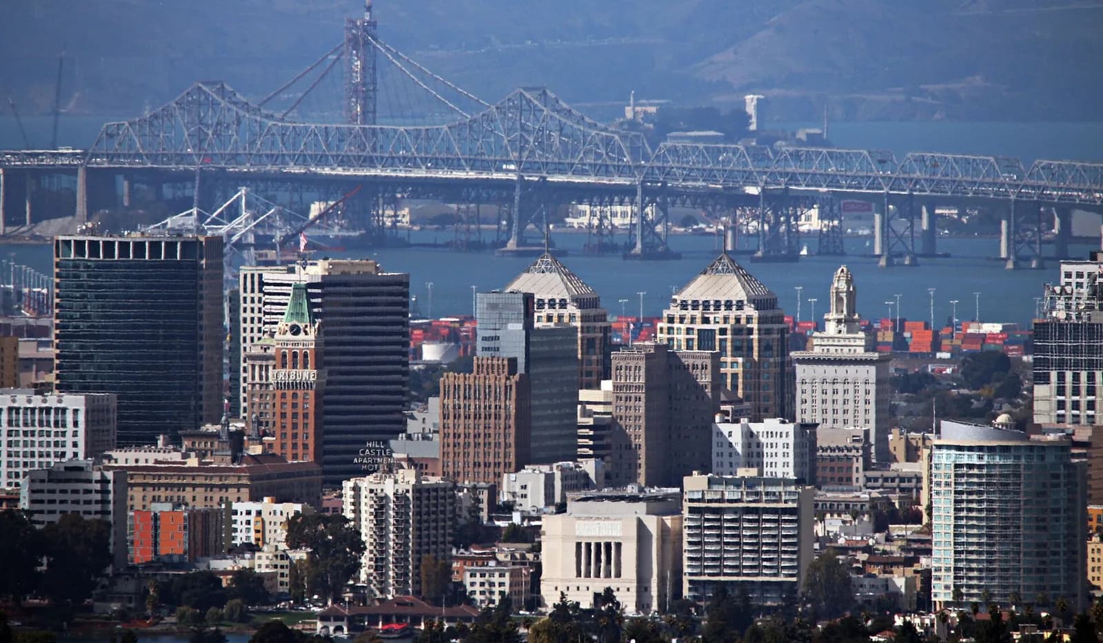 Oakland skyline and Bay Bridge viewed from the waterfront